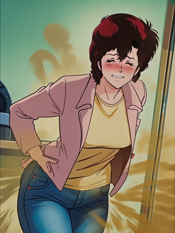 HD, high quality, high resolution, ultrahd,Kaori Makimura, 1female, wearing default outfit, light pink shirt, white coat, wearing coat over tshirt, jeans, default hair, brown hair, very tall body, thin body, massive fart, yellow smoke, velocity, closed eyes, blush, leaning, bending over, embarrassed, smiling, clenching teeth, alone in a room, beautiful lighting, highlights