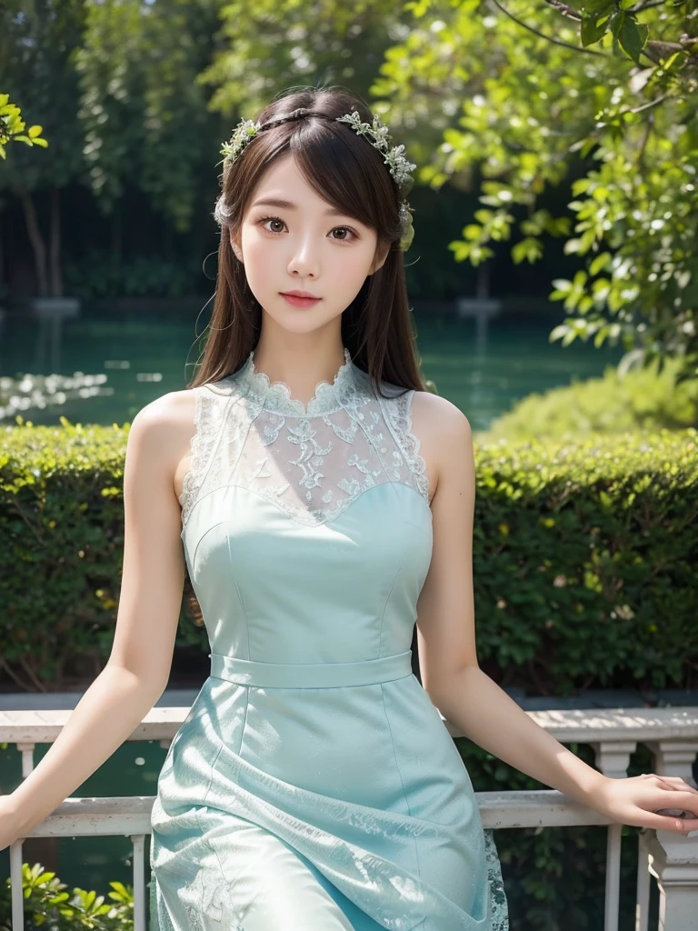 Garden Terrace、Glass floor、water surface、Lace dress 、(Highest quality)), (Very detailed), ((Very detailed)), 4K, (8k), Highest quality, One person,Kind Face、Soft Light、RAW quality