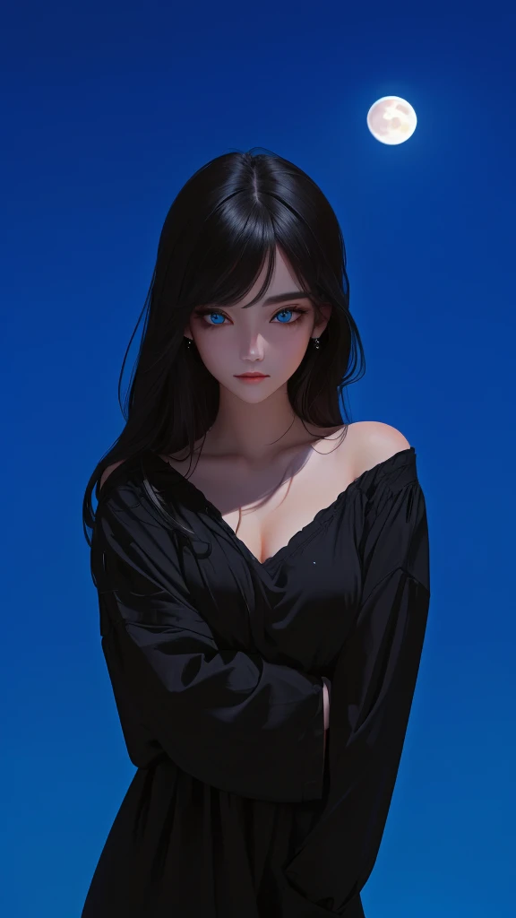ultra-detailed, beautiful eyes, detailed eyes, detailed face, ultra-detailed, beautiful eyes, woman in black casual, loose-fitting clothing against a full moon background, master piece, best quality, high resolution, 16k