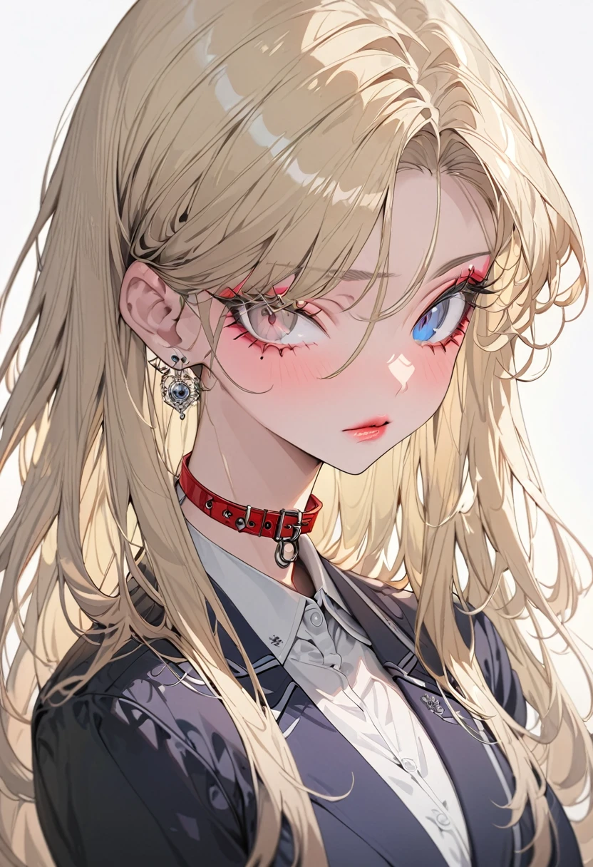 (Highest quality,Very detailed,High resolution:1.2),beautiful woman with perfect face,very_Long eyelashes, Detailed lips, Cool look, Soft Skin, Shiny Hair,Exquisite makeup,Heavy bangs,shout,Gray pupils dilate,Long straight blonde hair with pink tips,、Navy blazer over a white shirt、Ribbon at collar.,Heterochromia iridis, Red eyes, blue eyes