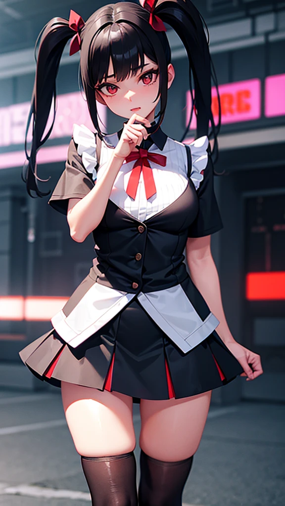 girl in a short skirt in knee-length stockings, red-black hair,Twin Tail, full height, 3D wallpaper.