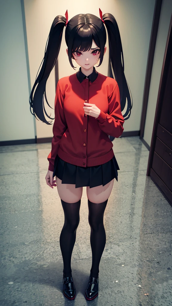 girl in a short skirt in knee-length stockings, red-black hair,Twin Tail, full height, 3D wallpaper.