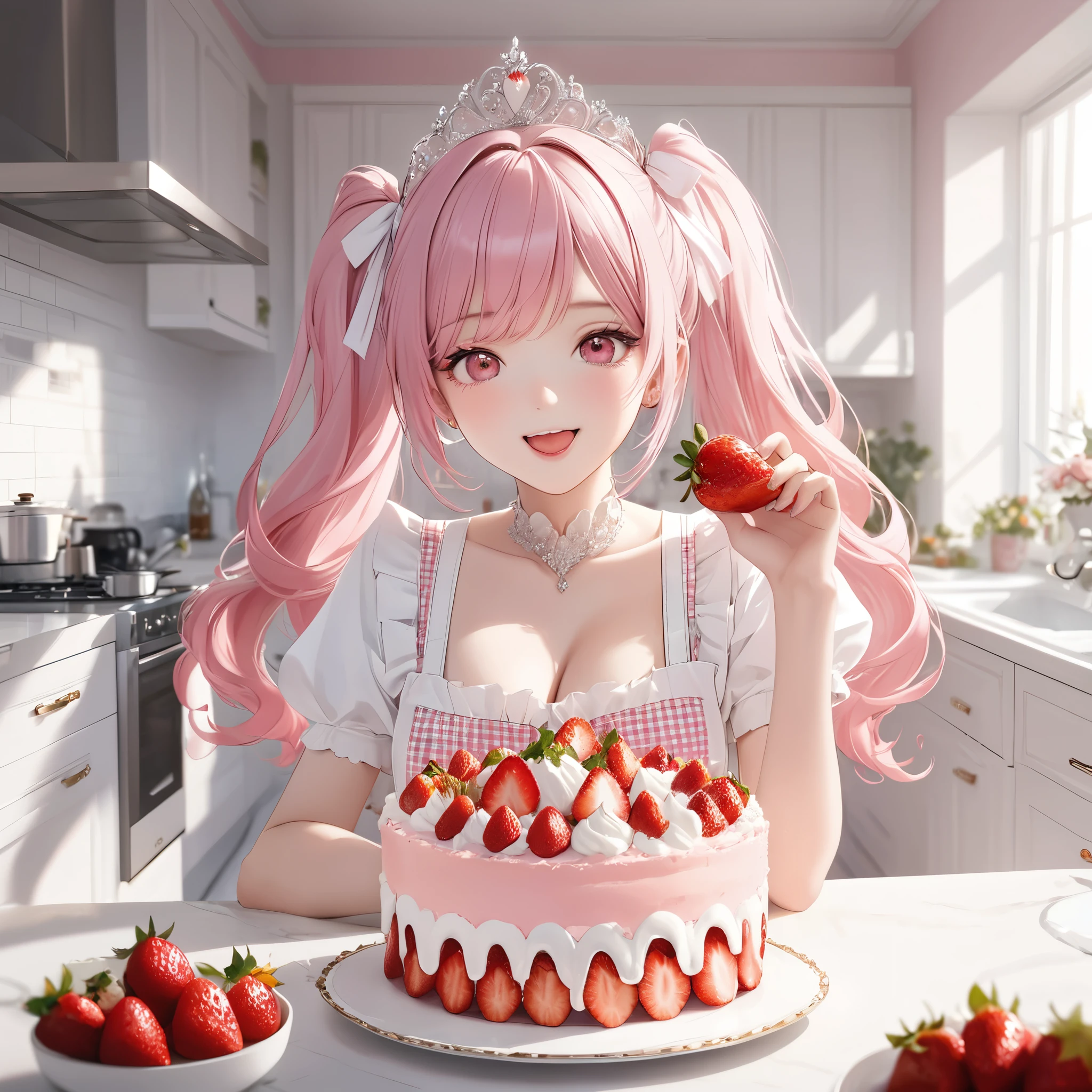 (8K, masutepiece, Best Quality, Official art, beautiful detailed, beautiful lighting, best masterpiece in history that exceeds limits), (1 Girl, Solo), (), (beautiful detailed face), (shiny white skin), (Beautiful big bust, cleavage:1.3), (thighs:1.3), (beautiful detailed pastel pink twin tails hair, Bangs:1.3), (beautiful detailed drooping pink eyes:1.5), (Beautiful Luxurious Diamonds Tiara), break, (beautiful detailed cute apron, White and Pastel pink gingham check pattern, bow ribbon, frill, ruffle:1.2), break, (happy smile:1.2), (Attractive, Look at the camera), (having a strawberry, Holding out a strawberry to the camera, she say Open your mouth wide and say“ahh":1.5), (ultra detailed realistic Beautiful white kitchen, a strawberry cake:1.3),