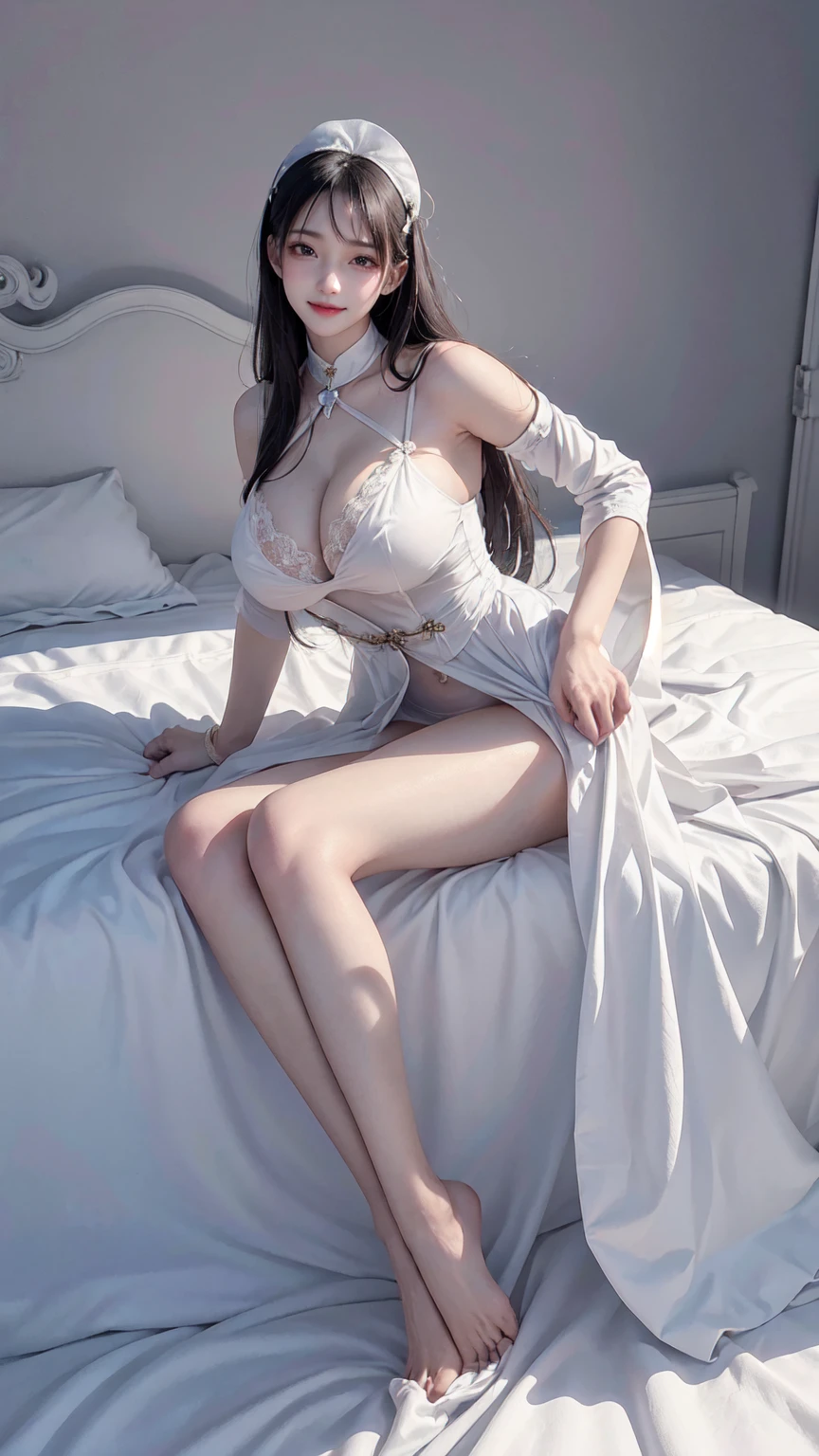 see through clothes(Full body female love:1.3)，best quality, masterpiece, ultra high resolution, (lifelike:1.4), original photo, 1 female,18 years old， black hair, big eyes, Detailed eyes and face,huge breasts，split，long legs，Belted robe open ，bare shoulder，no underwear:1.5,see through clothes，Hollow material white clothes，Smile、sleeveless costume、((Maid clothes))、Extremely revealing clothingHuge breasts and ass on a thin body、Lie down on the bed