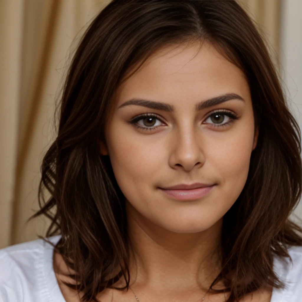brune, yeux marrons, rousseur taches, de face