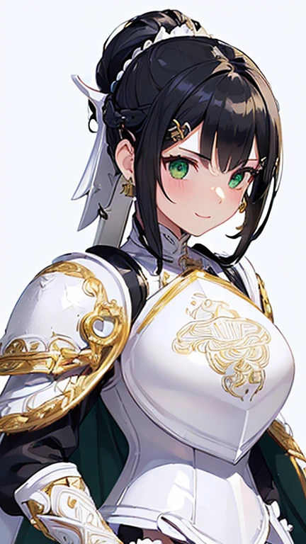 ((Masterpiece: 1.3)), ((Highest quality: 1.2)), ((Very detailed: 1.4)), One Girl, ((Black Hair: 1.1)), ((Updo: 1.1)), Hair Bun, ((White armor: 1.7)), (((Woman warrior))), Green Eyes, Smile, ((Simple Background: 1.2)), (ornate hairpin in the shape of a sword: 1.6), (Green earrings: 1.1), (tsurime: 1.2)