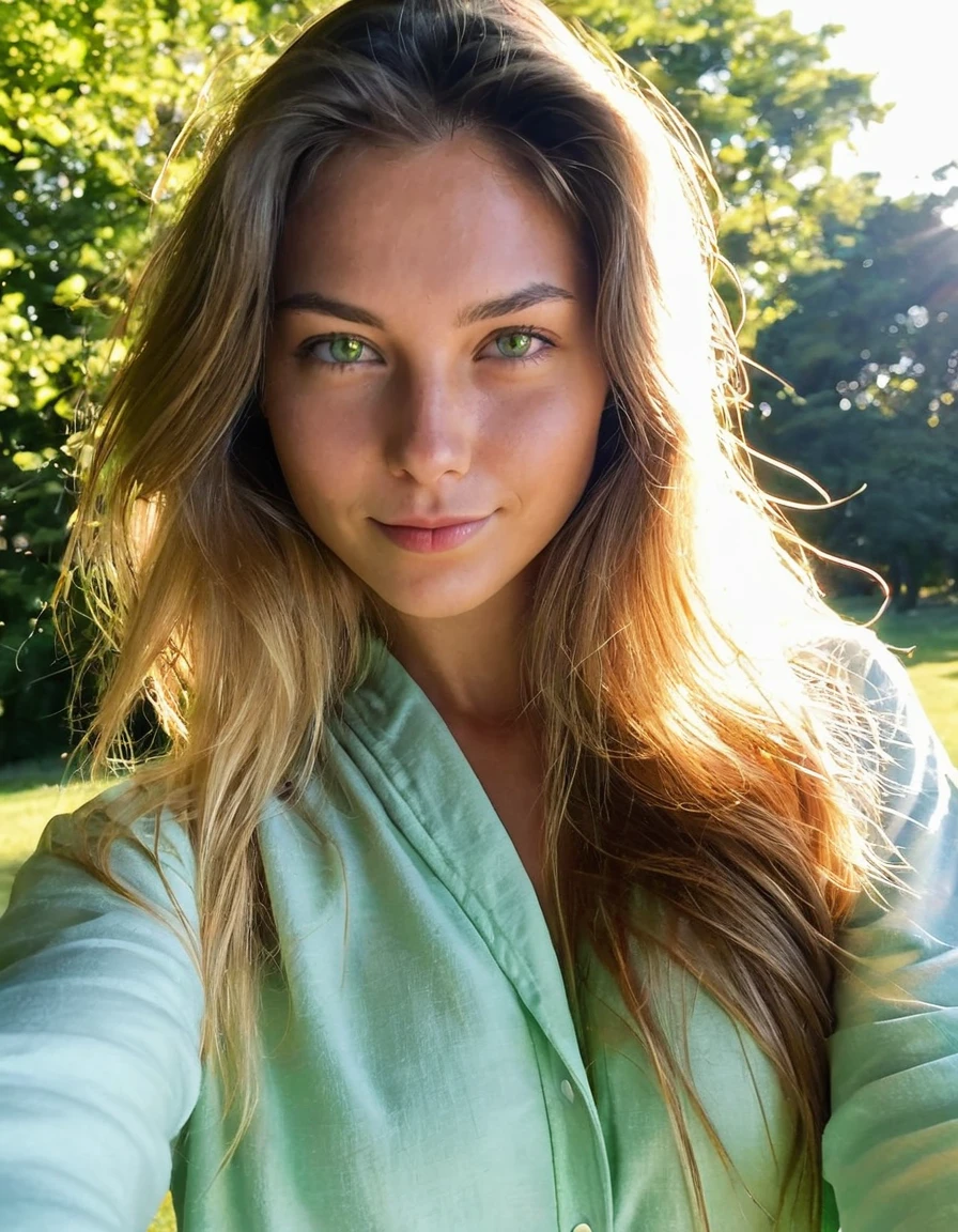 A photorealistic portrait of a 25-year-old colombian girl with long, flowing blond hair and striking green eyes. She should have a natural, approachable expression and be illuminated by soft, golden-hour sunlight. The background should be a scenic outdoor setting, perhaps a sunlit park or beach. Capture this image with a high-resolution photograph using an 85mm lens for a flattering perspective.selfie instagram , une femme magnifique de 23 ans , slight smile , detailed face and eyes , natural lighting , At home , cheveux longs, porter un joli pyjama , grain de film, faible contraste, visage naturel , taches de rousseur , cheveux noirs , yeux bleus, cernes sous les yeux 