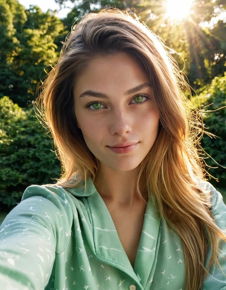 A photorealistic portrait of a 25-year-old colombian girl with long, flowing blond hair and striking green eyes. She should have a natural, approachable expression and be illuminated by soft, golden-hour sunlight. The background should be a scenic outdoor setting, perhaps a sunlit park or beach. Capture this image with a high-resolution photograph using an 85mm lens for a flattering perspective.selfie instagram , une femme magnifique de 23 ans , slight smile , detailed face and eyes , natural lighting , At home , cheveux longs, porter un joli pyjama , grain de film, faible contraste, visage naturel , taches de rousseur , cheveux noirs , yeux bleus, cernes sous les yeux