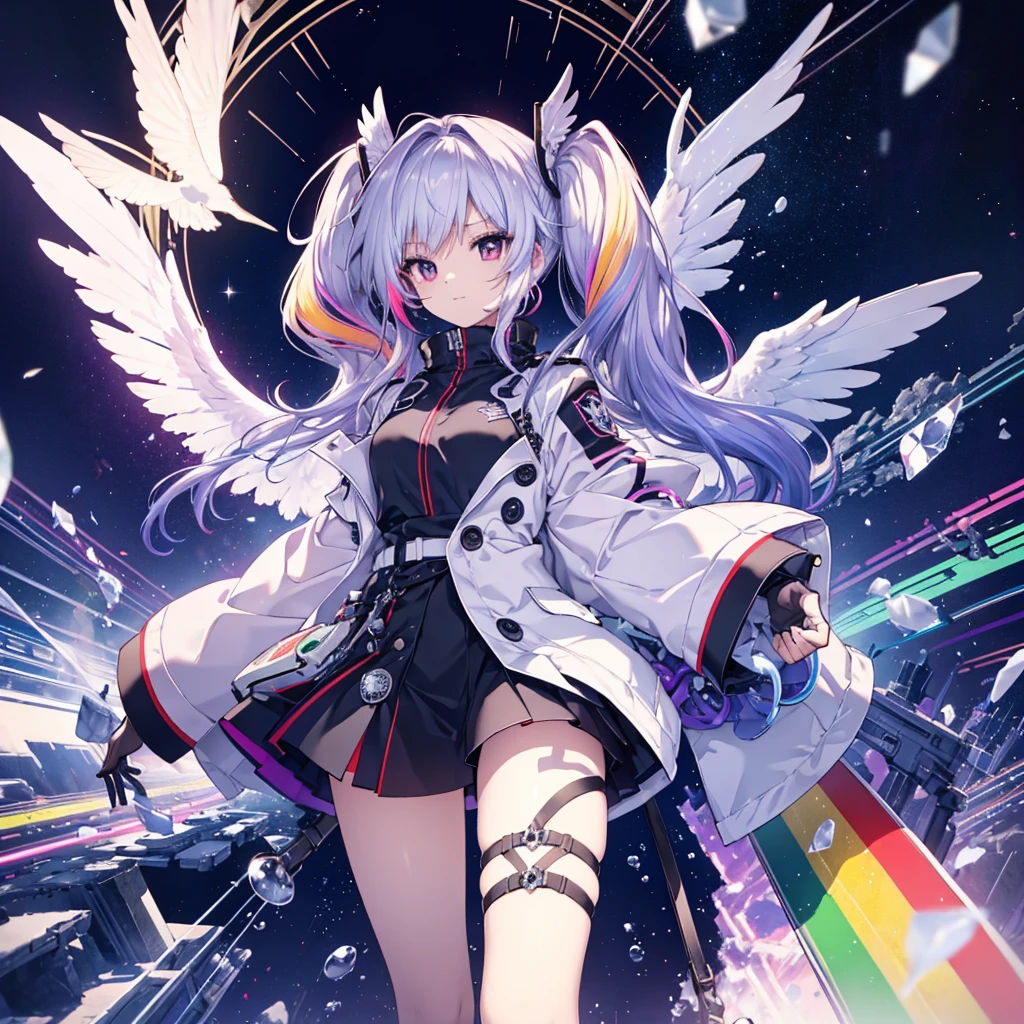 ((Archangel Fantasy Rainbow Hair Make your hair rainbow-colored on the inside Twin tails Dull red eyes Has a galaxy uniform Put on a coat without putting your arms through it Wings many times larger than mine rainbow gradient feathers Digital Wings Lonely Smiling Kindly front)) ((tears gloves)) (Broken glass Rolling Pebbles Distorted Space-Time star) Catch the wind milky way Shining Background Particles of light, rainbow colored edges Shining Edge star