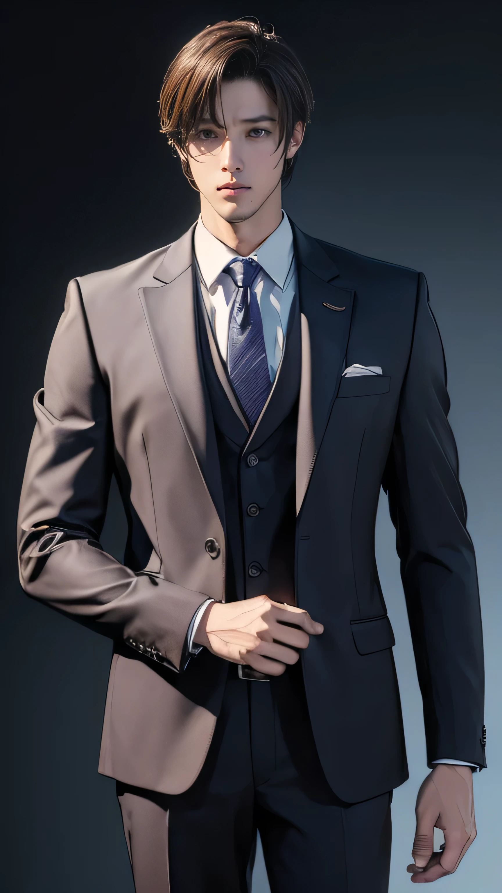 (((masterpiece,highest quality,In 8K,Super detailed,High resolution,anime style,absolutely))),(alone:1.5), handsome anime boy, My profession is a lawyer, tall and handsome , The suit suits you well..