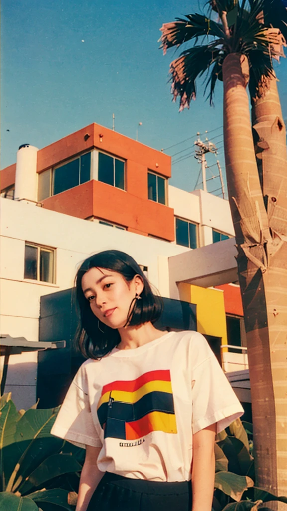 ((long shot photography)) ((best quality)), ((masterpiece)), (detailed),1 girl,smilie,real Polaroid photo, beautiful, detail face light leak,dark intens shadow black bob hair, almond eye, no makeup, white tshirt, ((oversize_tshirt)), peach color skirt, in front of ((80's  architecture colorful mondrian motel)),(from below:1.2), (realistic:1.1), (surreal:1.2), (very detailed:1.1), ((masterpiece)),(sharp focus), ((real palm trees)),summer, blue sky,,sunny, los angles vibes