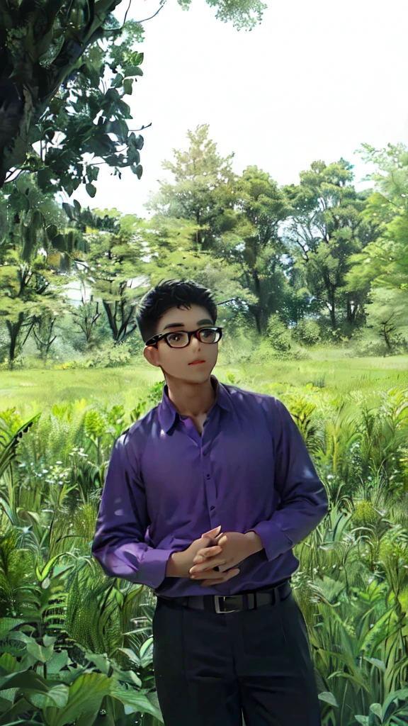  man with glasses in a purple shirt standing in a field of tall grass, in front of a forest background, nivanh chanthara, ramil sunga, mohamed chahin, in a large grassy green field, assamese aesthetic, in a open green field, in a field, nuttavut baiphowongse, portait image