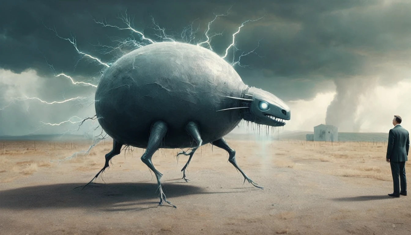 8K,charcoal style,Shaun Tan Style,wire sculpture style,horror art,long leg and hand,suits man,add_detail,big house and iron ball,ights,Thunder and Lightning,Tesla Electric Ball, Intense Lightning Effect,ice,