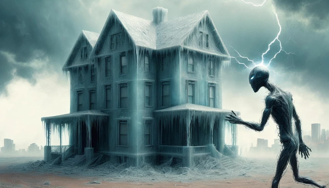 8K,charcoal style,Shaun Tan Style,wire sculpture style,horror art,long leg and hand,suits man,add_detail,big house and iron ball,ights,Thunder and Lightning,Tesla Electric Ball, Intense Lightning Effect,ice,