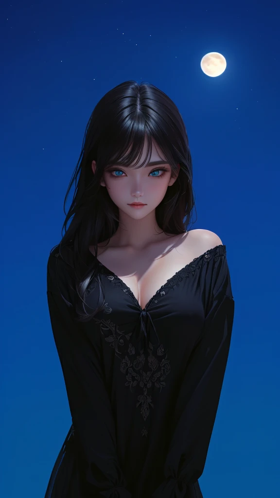 ultra-detailed, beautiful eyes, detailed eyes, detailed face, ultra-detailed, beautiful eyes, woman in black casual, loose-fitting clothing against a full moon background,  master piece, best quality, high resolution, 16k