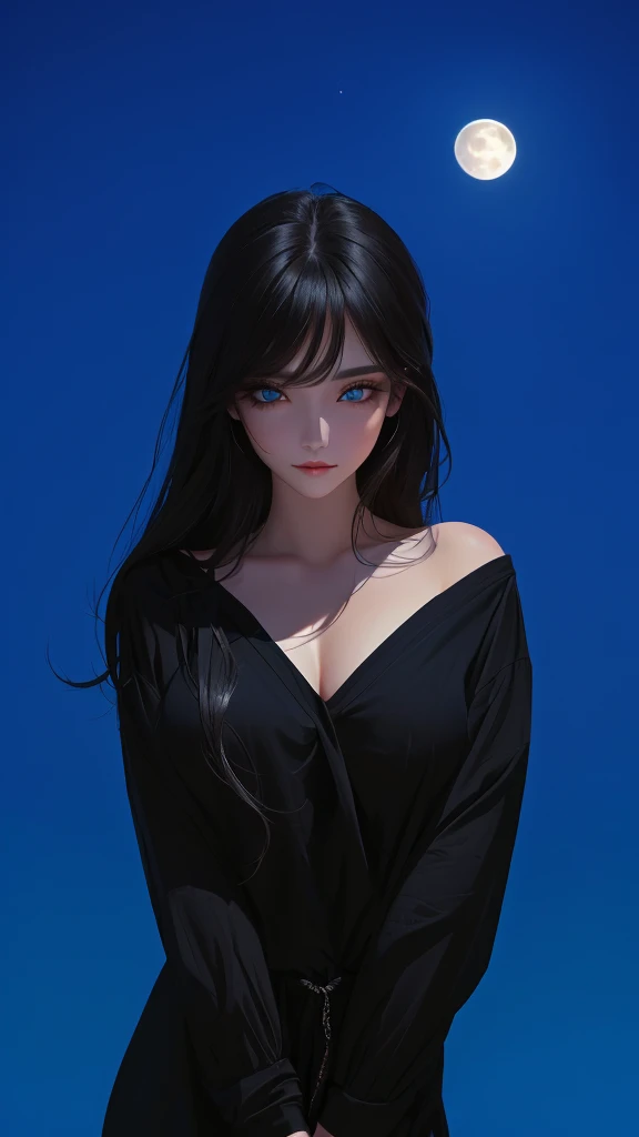 ultra-detailed, beautiful eyes, detailed eyes, detailed face, ultra-detailed, beautiful eyes, woman in black casual, loose-fitting clothing against a full moon background, master piece, best quality, high resolution, 16k