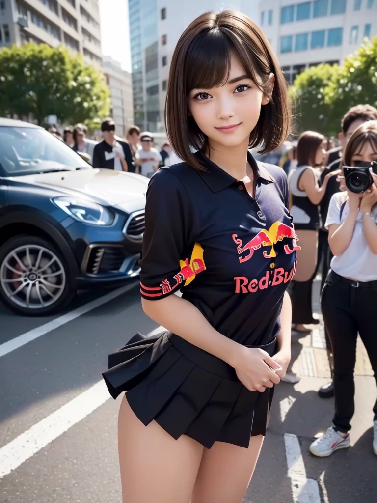 (8k, RAW Photos, Highest quality, masterpiece:1.2), (Realistic, photo-Realistic:1.4), (Highly detailed 8K wallpapers), ((Full Body Shot)), (1 girl), Sharp focus, Depth of written boundary, Cinematic lighting, Soft Light, 緻密な美しさのeye, eye_Chan, Very beautiful 17 year old girl, innocent big eyes, Realistic, photo Realistic, Highly detailed cute girl, (Thin thighs), (Model Body Type), 18-year-old, (((F1 Oracle Red Bull Racing polo shirt))), ((Micro Mini Pleated Skirt)), (((Fold your arms in front of your chest and act arrogantly))), ((A happy smile)), Parted lips, Watching the audience, (On the streets of Britain) , (Brown Hair),(Short Bob Hair), (Asymmetrical bangs)