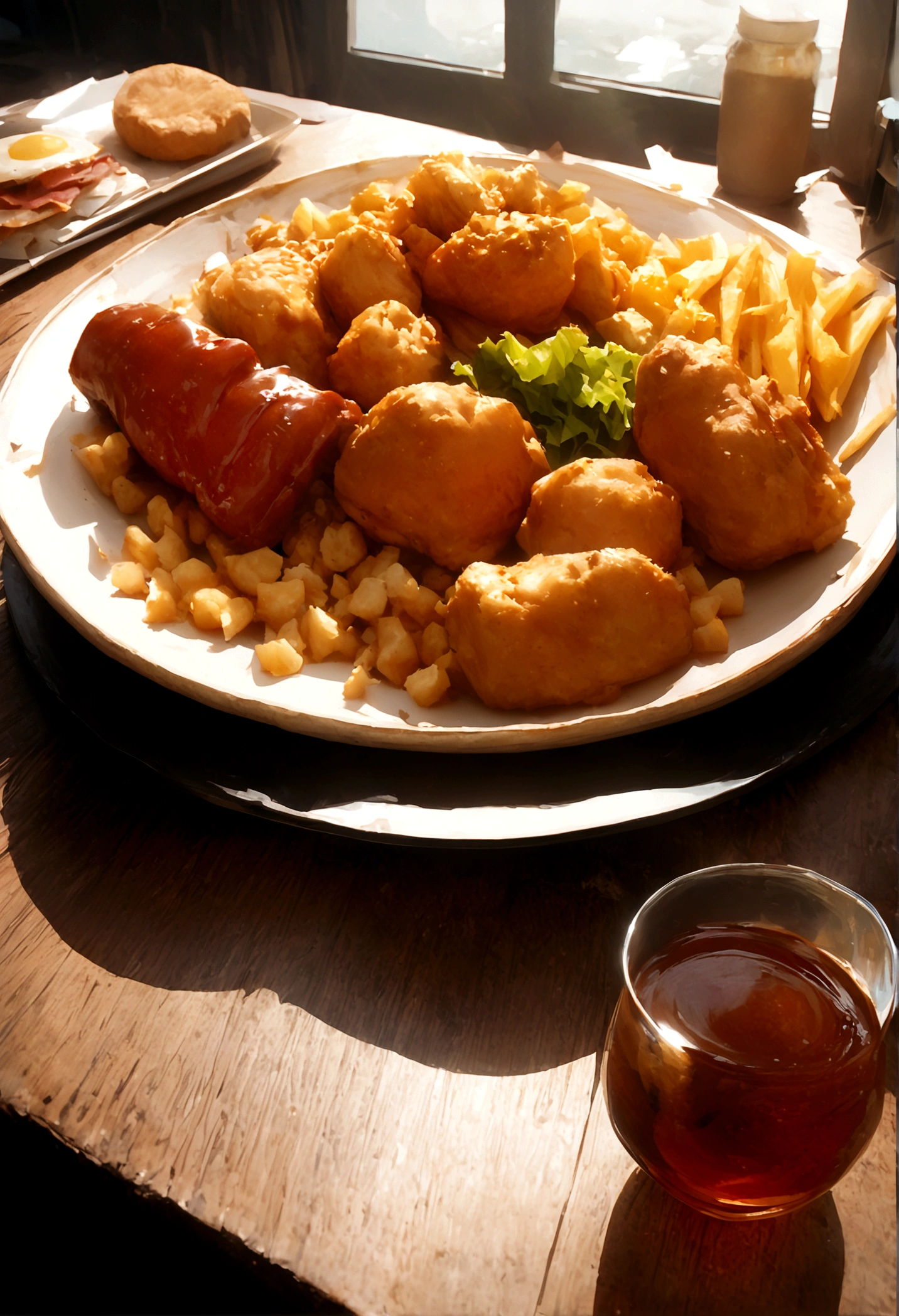 ((masterpiece, highest quality, Highest image quality, High resolution, photorealistic, Raw photo, 8K)), ((Extremely detailed CG unified 8k wallpaper)), there is a plate of Seagull Fish and Chips and a sandwich, style of chippy, inspired by Chippy, full subject shown in photo, by John Henderson, very crispy, half fish, battered, yummy, crispy, crisp and sharp, alabama, full plate, nugget and sausage on plate, gushy gills and blush,