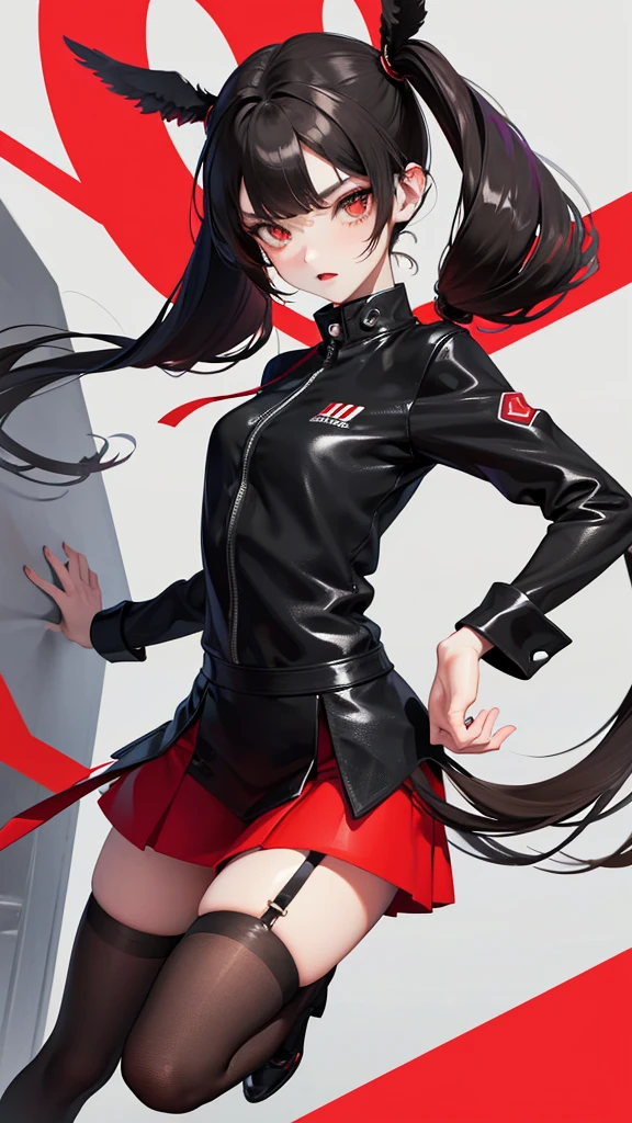 girl in a short skirt in knee-length stockings, red-black hair,Twin Tail, full height, 3D wallpaper.