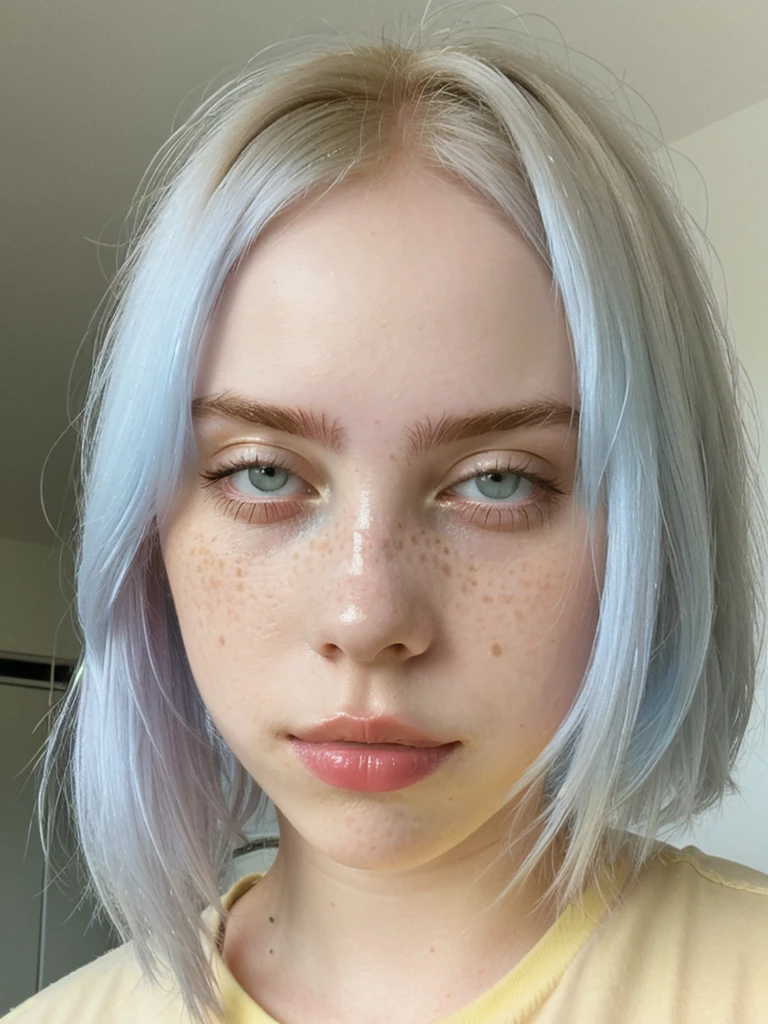 Photo of a young woman with pastel blue hair, natural-looking, yellow eyeshadow, pale skin, freckles, pastel colors