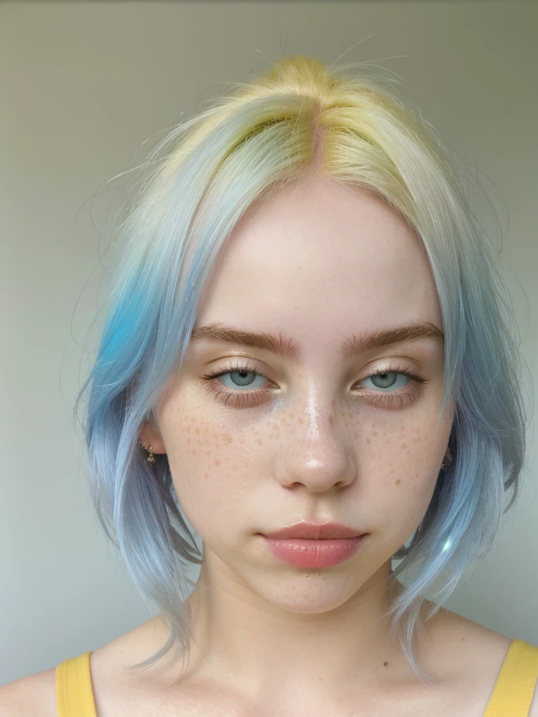 Photo of a young woman with pastel blue hair, natural-looking, yellow eyeshadow, pale skin, freckles, pastel colors
