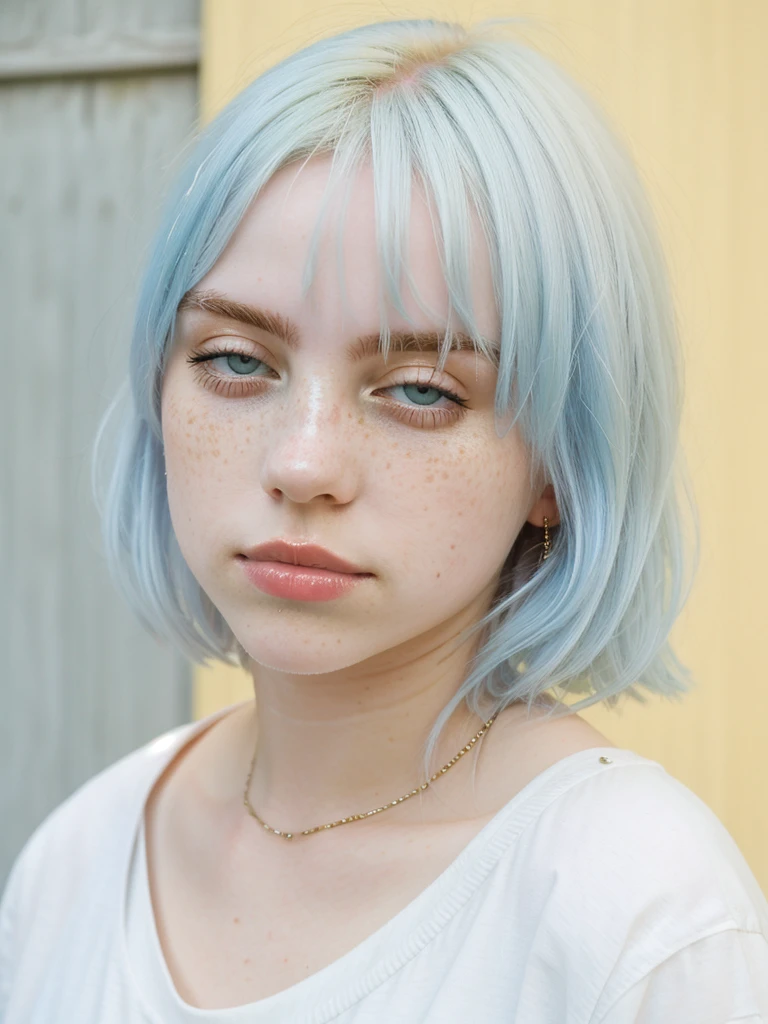 Photo of a young woman with pastel blue hair, natural-looking, yellow eyeshadow, pale skin, freckles, pastel colors