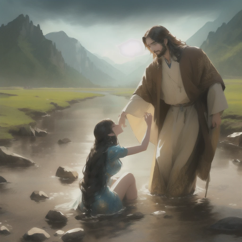 Jesus washes a woman in a river with a mountain in the background, most beautiful picture of all time, beautiful illustration, Crossing the river, Jesus walks on water, very nice photo, greg olsen, absolut herausragendes Bild, inspired von Mark Keathley, von Mark Keathley, Bibel-Illustration, Jesus umarmt eine Frau, erstaunliche Tiefe, very beautiful masterpiece, unglaubliche Kunst