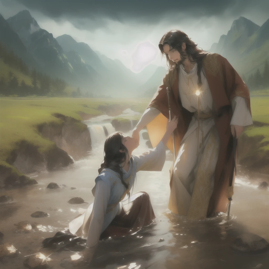 Jesus washes a woman in a river with a mountain in the background, most beautiful picture of all time, beautiful illustration, Crossing the river, Jesus walks on water, very nice photo, greg olsen, absolut herausragendes Bild, inspired von Mark Keathley, von Mark Keathley, Bibel-Illustration, Jesus umarmt eine Frau, erstaunliche Tiefe, very beautiful masterpiece, unglaubliche Kunst