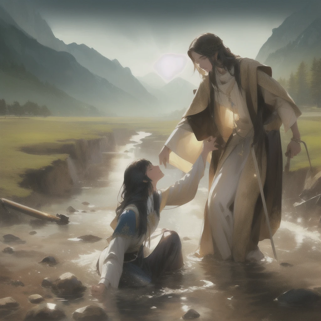 Jesus washes a woman in a river with a mountain in the background, most beautiful picture of all time, beautiful illustration, Crossing the river, Jesus walks on water, very nice photo, greg olsen, absolut herausragendes Bild, inspired von Mark Keathley, von Mark Keathley, Bibel-Illustration, Jesus umarmt eine Frau, erstaunliche Tiefe, very beautiful masterpiece, unglaubliche Kunst