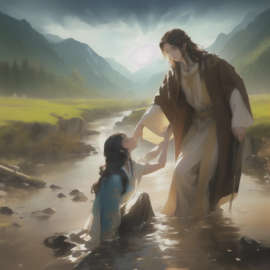 Jesus washes a woman in a river with a mountain in the background, most beautiful picture of all time, beautiful illustration, Crossing the river, Jesus walks on water, very nice photo, greg olsen, absolut herausragendes Bild, inspired von Mark Keathley, von Mark Keathley, Bibel-Illustration, Jesus umarmt eine Frau, erstaunliche Tiefe, very beautiful masterpiece, unglaubliche Kunst