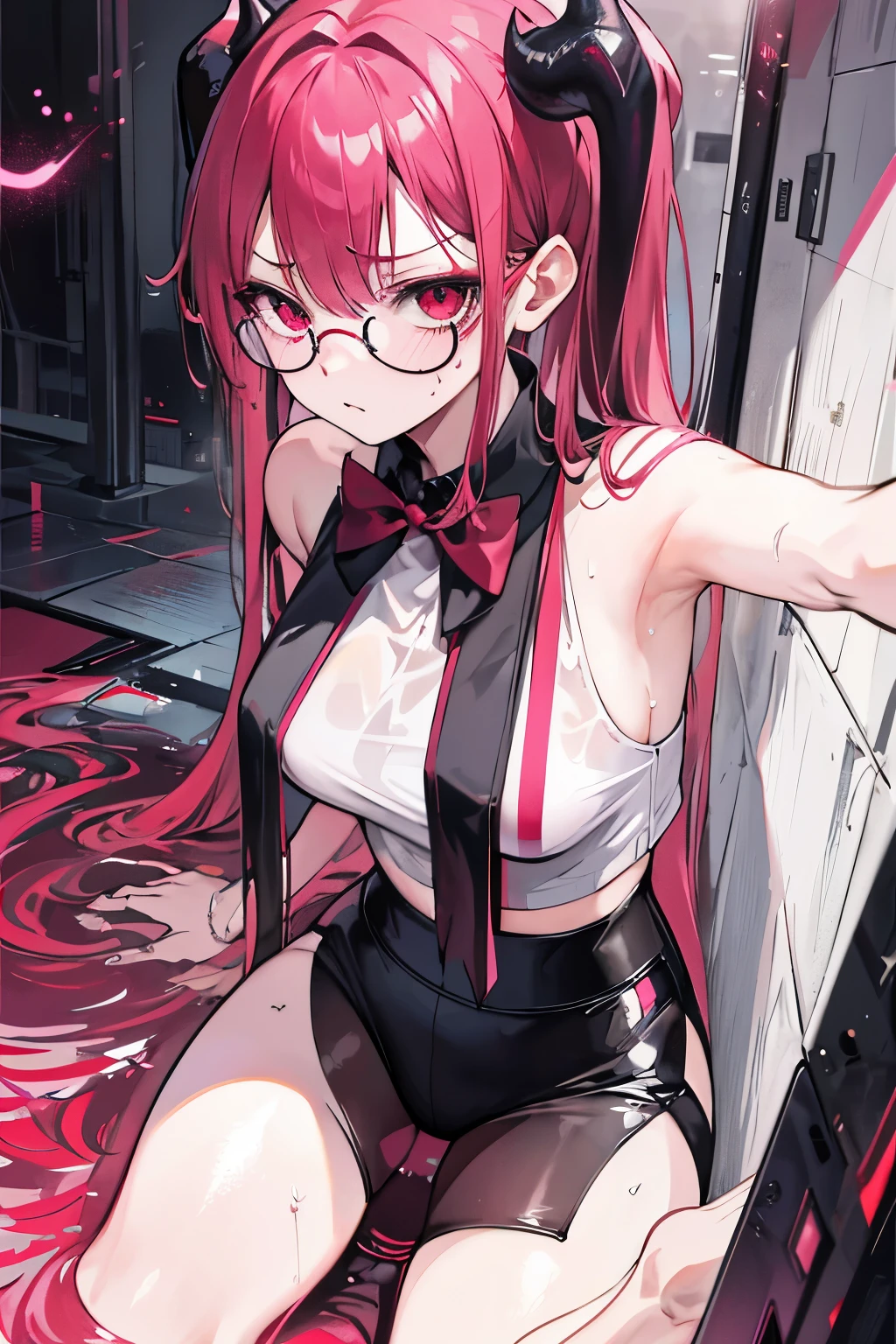 underdressing,Expression of disgust,Expression of disgust,Red Eyes,Sweat,Soaked,liquid,transparent,Cropped tops,succubus,pink,stocking,grid,Glasses
