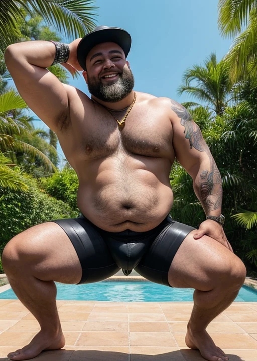 Angles from the bottom left side Focusing close to the groin, Chubby, fat, male middle aged,thin beard, Charmed , big chest, dynamic light, opened Shirt, Gray hair and beard, extremely hot and sexy, Daddy figure, hot daddy , dramatic,Only chubby daddy, Chubby Bear daddy, extremely thick thighs, large belly, fat, age 50, 1 chubby man (homem completamente de costa , He is facing away from the viewer only with his back turned,. Pool Scenario, beautiful mansion, Plantas Estilo urban jungle. Dia de sol, magnificent sky, sombras e luz no ambiente . He's bearded. gesturing with hands. gold chain around the neck, rings, clock, 💓, view from below, leather hat, armbands, leather cap,bondage outfit))), tattooed arms, full body tattooed, gesturing with hands towards the viewer, he is squatting for the viewer, a view from below near his crotch. He is smiling seductively.
