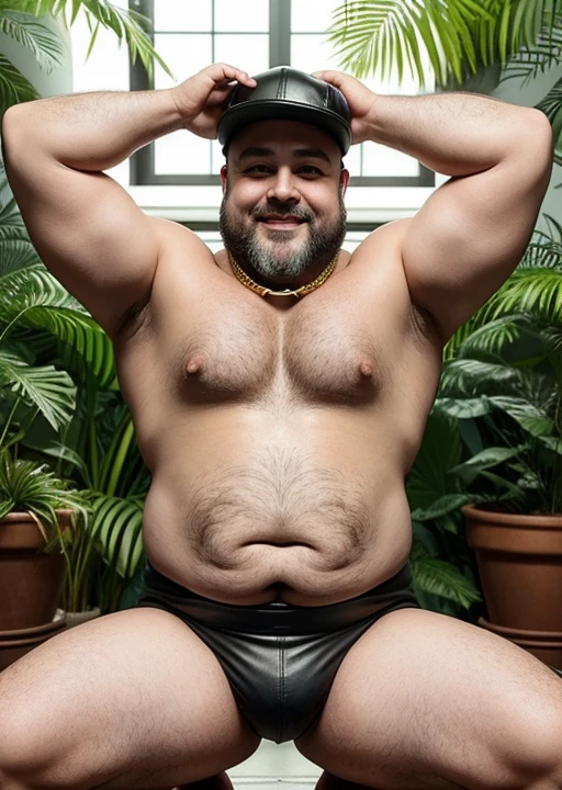 Angles from the bottom left side Focusing close to the groin, Chubby, fat, male middle aged,thin beard, Charmed , big chest, dynamic light, opened Shirt, Gray hair and beard, extremely hot and sexy, Daddy figure, hot daddy , dramatic,Only chubby daddy, Chubby Bear daddy, extremely thick thighs, large belly, fat, age 50, 1 chubby man (homem completamente de costa , He is facing away from the viewer only with his back turned,. Pool Scenario, beautiful mansion, Plantas Estilo urban jungle. Dia de sol, magnificent sky, sombras e luz no ambiente . He's bearded. gesturing with hands. gold chain around the neck, rings, clock, 💓, view from below, leather hat, armbands, leather cap,bondage outfit))), tattooed arms, full body tattooed, gesturing with hands towards the viewer, he is squatting for the viewer, a view from below near his crotch. He is smiling seductively.