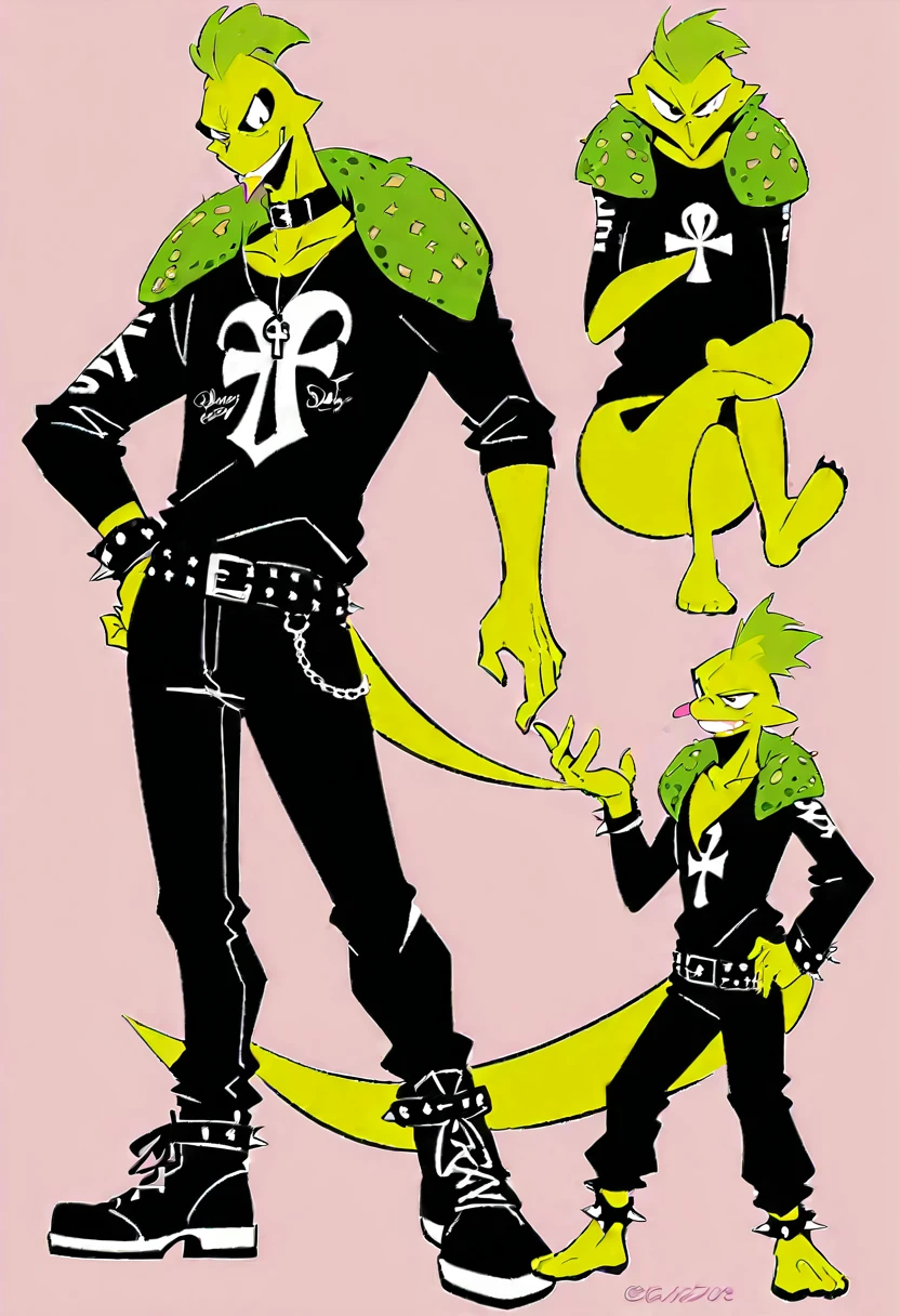 ((mejor calidad)), ((Obra maestra)), ((male character: 1.5)), ((smiling anthropomorphic male green viper with a design based on Disney Pixar art: 1.5)), ((Character pose: one hand on his hip and the other extended to his side: 1.5)), same for front, back, and side views. Clothing: piercing in the left nostril, leather choker with spikes, black leather jacket with spikes, leather arm bracelets with spikes, graphic t-shirt with white ankh, black collar with silver circle pendant, black fingerless gloves, black leather pants, spiked black leather belt, spiked black leather ankle bracelets. Physical: green mohawk, slim body, yellow eyes, elongated snout, segmented yellow scale mouth, sharp fangs, forked pink tongue, segmented yellow scale neck and belly, 4-fingered hands with black claws, bare 3-toed feet with black claws, elongated tail with segmented yellow underside. Personality: friendly, humorous, fun-loving, punk rock style. Flat colors without gradients. the character is barefoot，simple background, ((three-sided view, full body, simple background, multiple views, high resolution)).