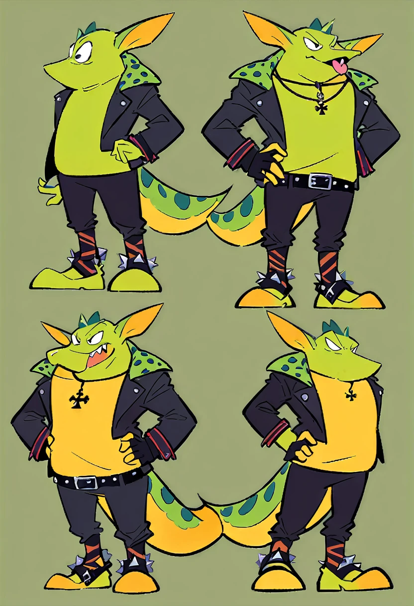 ((mejor calidad)), ((Obra maestra)), ((male character: 1.5)), ((smiling anthropomorphic male green viper with a design based on Disney Pixar art: 1.5)), ((Character pose: one hand on his hip and the other extended to his side: 1.5)), same for front, back, and side views. Clothing: piercing in the left nostril, leather choker with spikes, black leather jacket with spikes, leather arm bracelets with spikes, graphic t-shirt with white ankh, black collar with silver circle pendant, black fingerless gloves, black leather pants, spiked black leather belt, spiked black leather ankle bracelets. Physical: green mohawk, slim body, yellow eyes, elongated snout, segmented yellow scale mouth, sharp fangs, forked pink tongue, segmented yellow scale neck and belly, 4-fingered hands with black claws, bare 3-toed feet with black claws, elongated tail with segmented yellow underside. Personality: friendly, humorous, fun-loving, punk rock style. Flat colors without gradients. the character is barefoot,simple background, ((three-sided view, full body, simple background, multiple views, high resolution)).