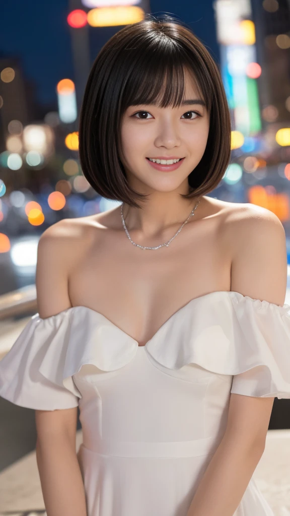 (Highest quality, masterpiece, High resolution), Beautiful 18 year old woman。She is wearing a white off-the-shoulder dress with white frills that only covers her breasts.。Shoulders out、優しいsmile、Show some teeth。Short bob hair straight、(Voluminous short bob、Trimming the bob、Straight Hair、Straight bangs、bangs above eyebrows)、Bob with only one ear showing、Sharp focus、(Light)、clavicle、necklace、New York night view、Blur the background、、smile