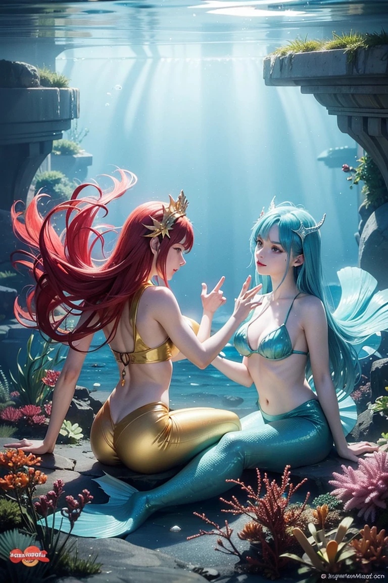 Create an image of 2 mermaids in an underwater city using red and yellow colours