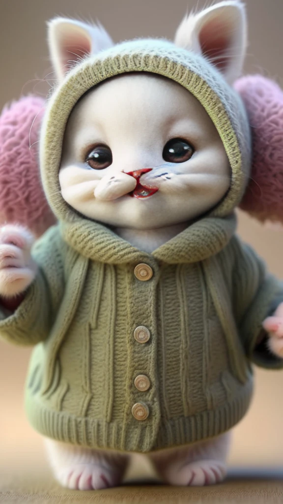kitten in clothes, miniature kitten, Animal focus, bearded, Realistic, Gonzo hand, ambiguous background,smile,interesting、