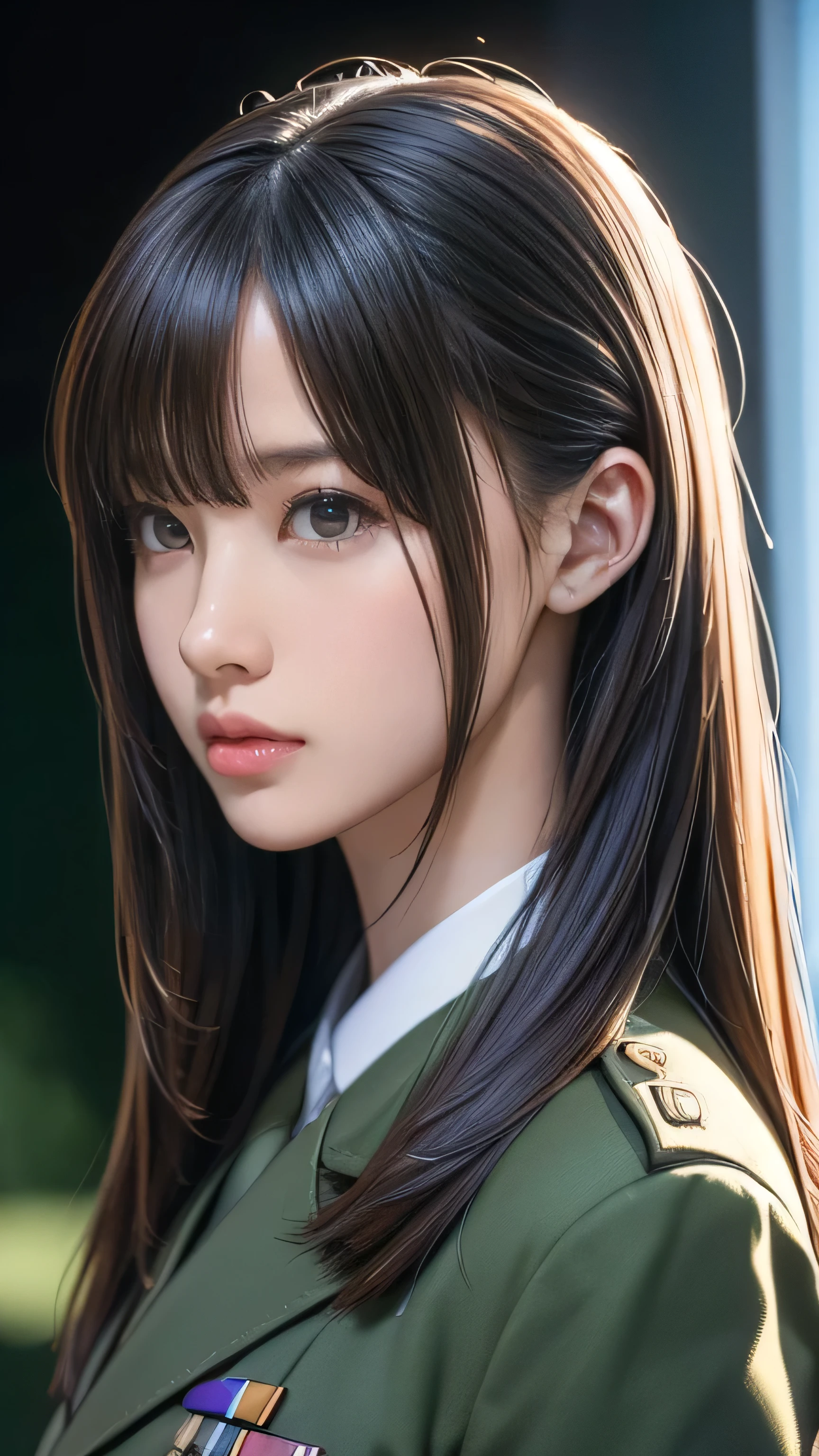 A beautiful anime girl wearing a military uniform, (best quality,4k,8k,highres,masterpiece:1.2),ultra-detailed,(realistic,photorealistic,photo-realistic:1.37),HDR,UHD,studio lighting,ultra-fine painting,sharp focus,physically-based rendering,extreme detail description,professional,vivid colors,bokeh,anime,portraits