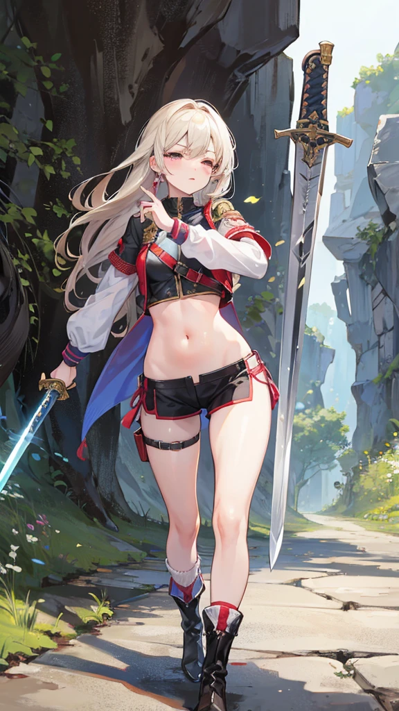 Girl, Navel exposed, Wear calf-length socks and boots, Holding a sword, Being attacked by enemies, I close my eyes in agony and shout