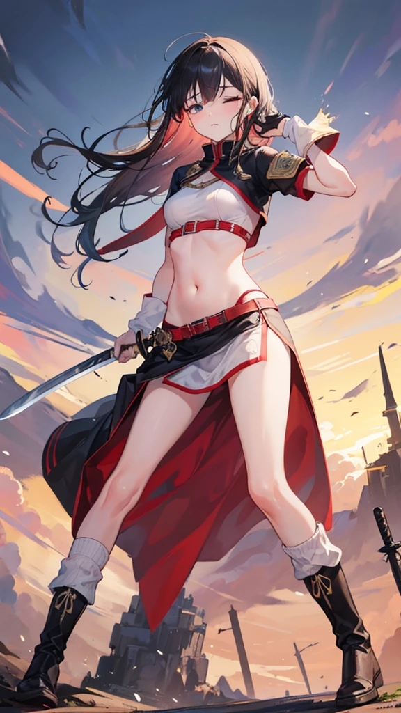 Girl, Navel exposed, Wearing calf-length socks and boots, Holding a sword, Being attacked by enemies, He closes his eyes in pain and cries