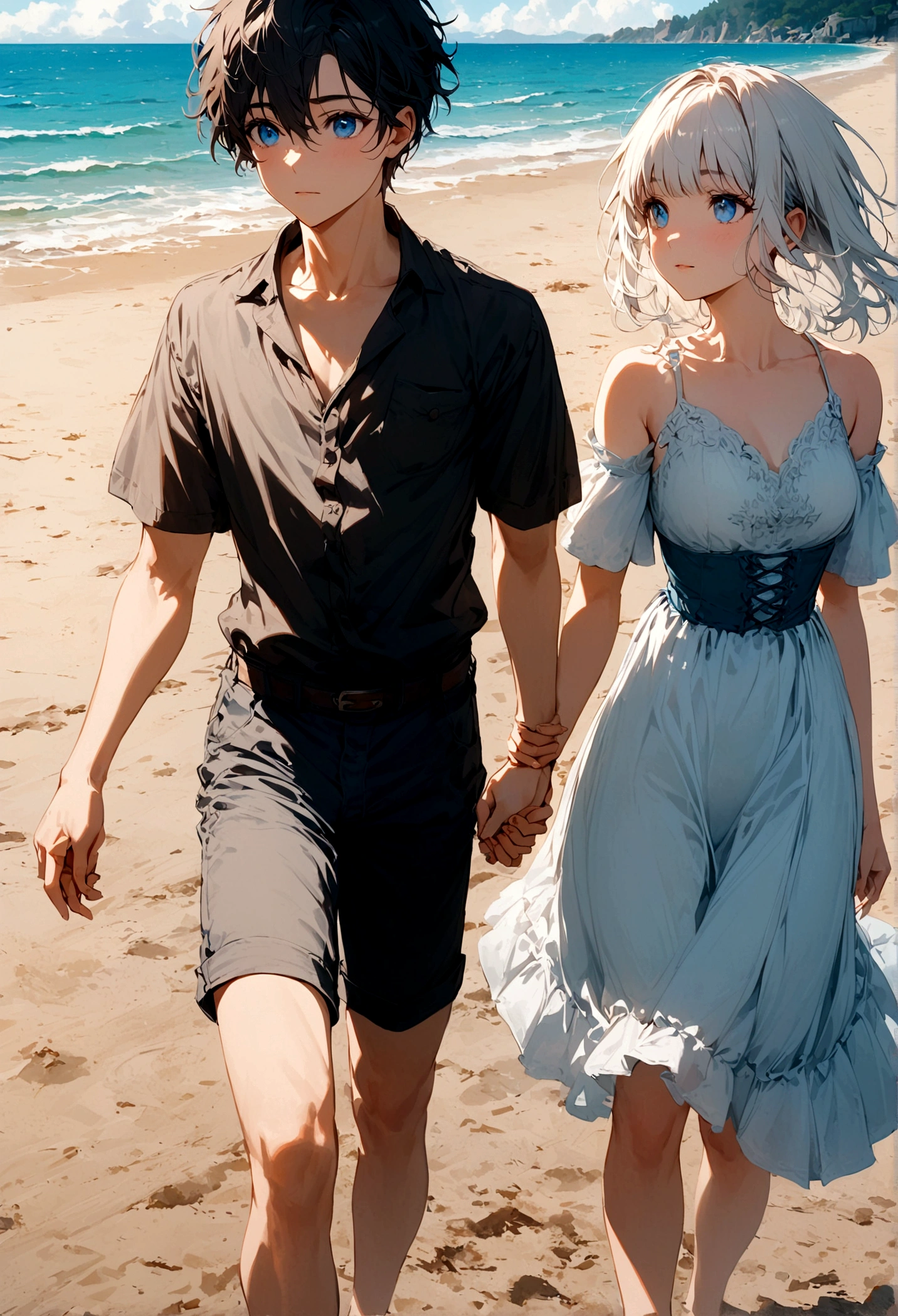 A young man with black hair and blue eyes and a white-haired girl hold hands on the beach during the day.