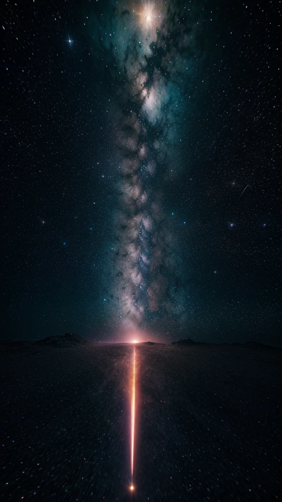 Imagine a scenario where the cosmos meets advanced technology. No fundo, a vast cosmic ocean stretches to the horizon, where stars and nebulae shine brightly in the night sky. No centro, uma majestosa nave flutua serenamente, with metallic details illuminated by neon lights. The surface of the ship is covered in circuitry that pulses with energy., conectando-se ao universo ao seu redor, alta resolucao,4k, 8k