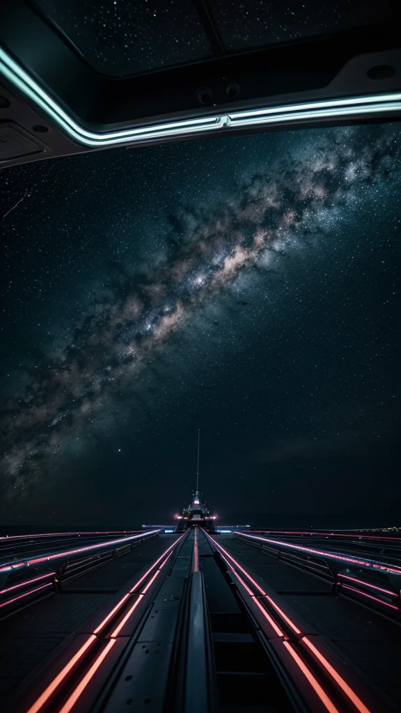 Imagine a scenario where the cosmos meets advanced technology. No fundo, a vast cosmic ocean stretches to the horizon, where stars and nebulae shine brightly in the night sky. No centro, uma majestosa nave flutua serenamente, with metallic details illuminated by neon lights. The surface of the ship is covered in circuitry that pulses with energy., conectando-se ao universo ao seu redor, alta resolucao,4k, 8k