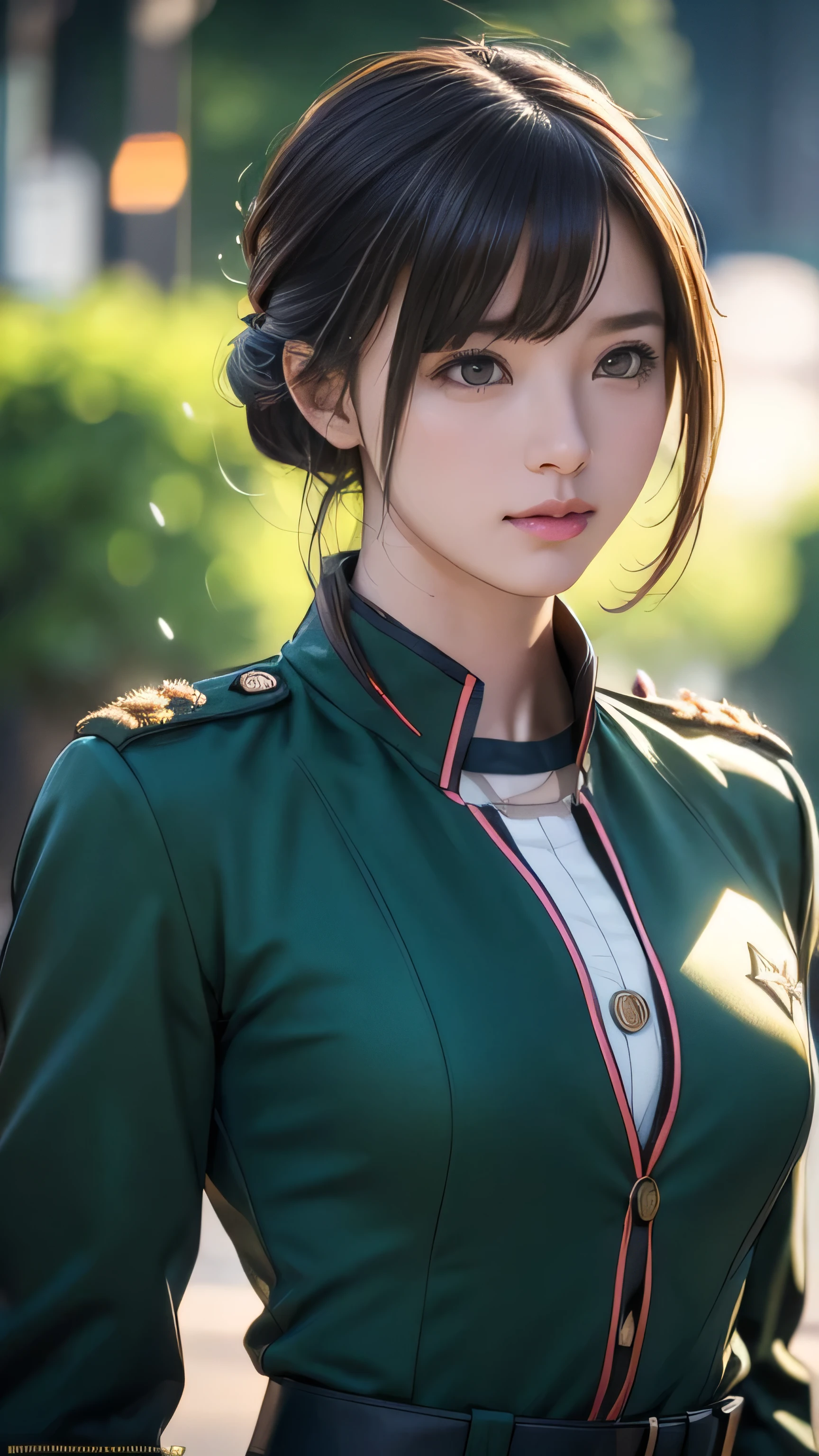 A beautiful anime girl wearing a military uniform, (best quality,4k,8k,highres,masterpiece:1.2),ultra-detailed,(realistic,photorealistic,photo-realistic:1.37),HDR,UHD,studio lighting,ultra-fine painting,sharp focus,physically-based rendering,extreme detail description,professional,vivid colors,bokeh, nice chest and body