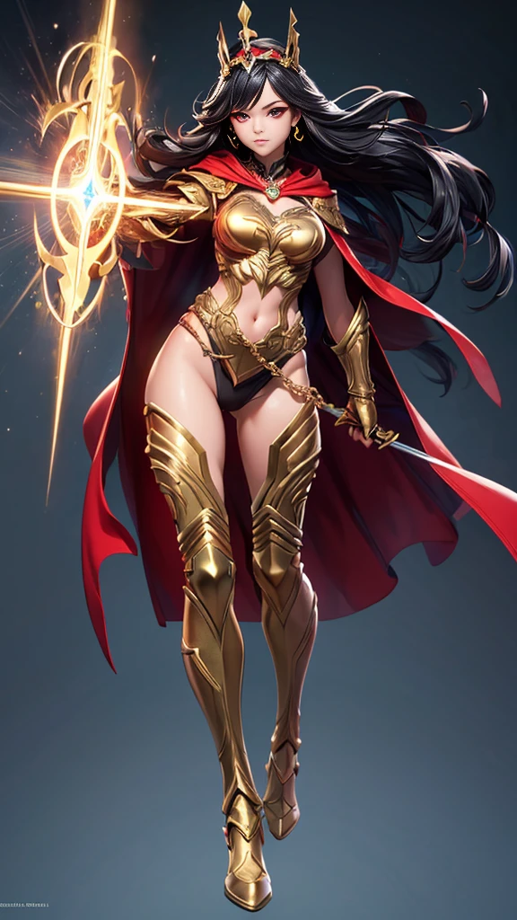 (((full body photo))solo, super fine photo, full body photo picture Unreal Engine 5 8K UHD, beautiful girl, black and dark red long hair, dark gold armor with high details, chainmail bodysuit underwear, red cape, gold crown, goddess of war, wielding a golden spear with gold energy streams, fantasy theme, fantasy design, beautiful make up, best quality, masterpiece, unified 8k wallpaper, super detailed, sharp focus.