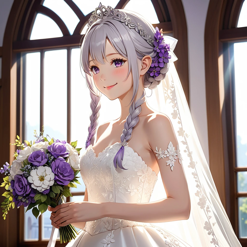 Highest quality,(masterpiece:1.3),白いWedding dressを着て,Standing in front of the church window,Sunlight streaming through the window,1.75 meters tall,smile,close,(Small breasts),(白いflower束を手に),((Wedding dress)) Emilia,Braiding,crown Braiding,flower,hair flower,hair ornaments,Hair Ribbon,Long Hair,Pointed Ears,(Purple eyes:1.2),Gray Hair,x hair ornaments,