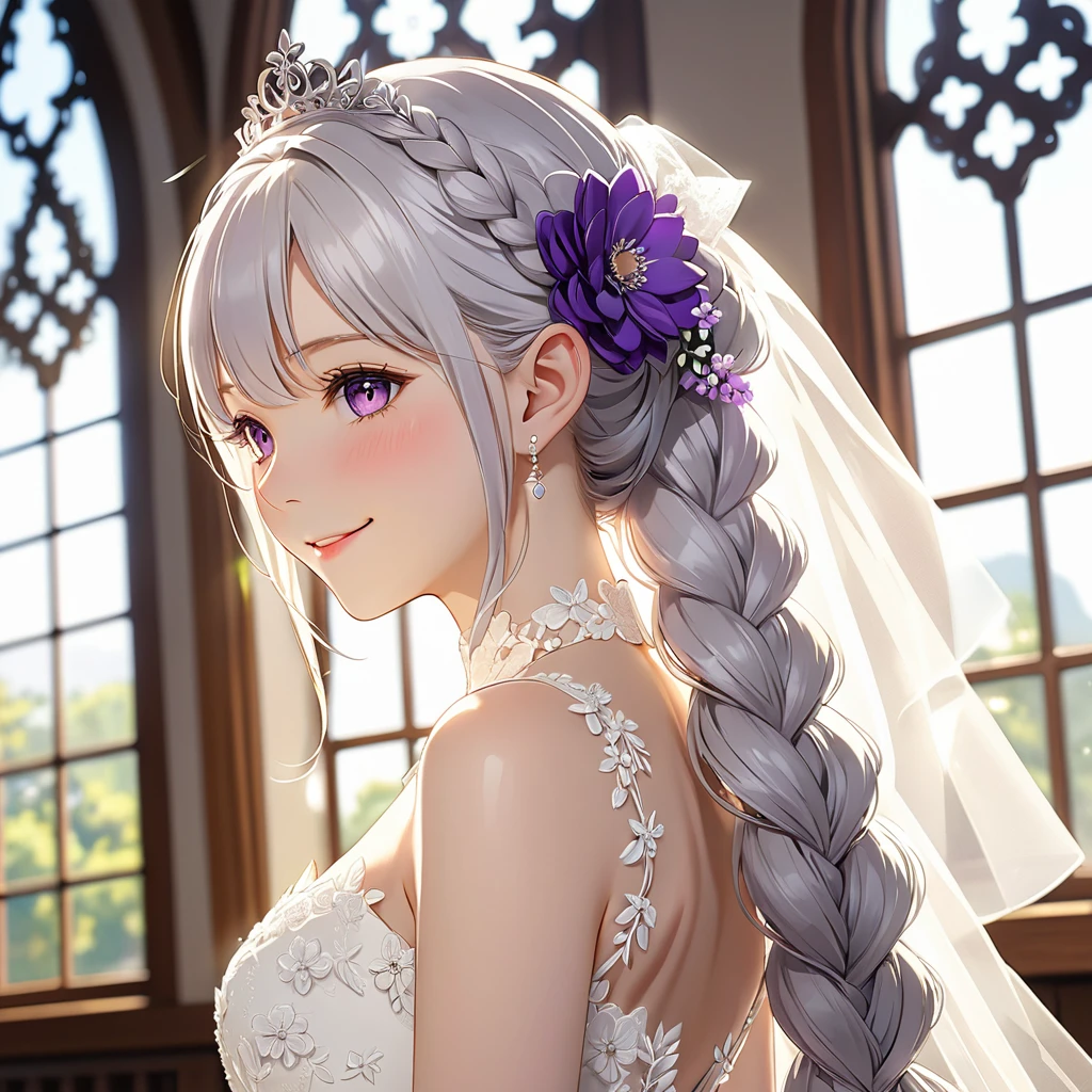 Highest quality,(masterpiece:1.3),白いWedding dressを着て,Standing in front of the church window,Sunlight streaming through the window,1.75 meters tall,smile,close,(Small breasts),(白いflower束を手に),((Wedding dress)) Emilia,Braiding,crown Braiding,flower,hair flower,hair ornaments,Hair Ribbon,Long Hair,Pointed Ears,(Purple eyes:1.2),Gray Hair,x hair ornaments,