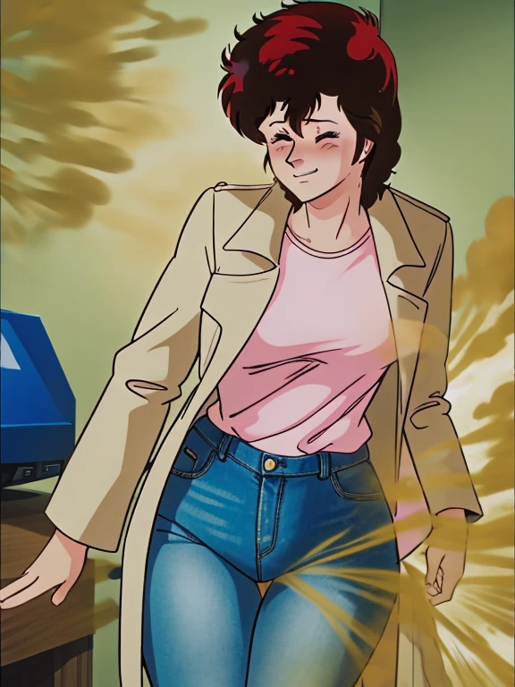 HD, high quality, high resolution, ultrahd,Kaori Makimura, 1female, wearing default outfit, light pink shirt, white coat, wearing coat over tshirt, jeans, default hair, brown hair, very tall body, thin body, massive fart, yellow smoke, velocity, closed eyes, forcing, struggling, struggle face, blush leaning, viewing ass, embarrassed, smiling, clenching teeth, alone in a room, beautiful lighting, highlights