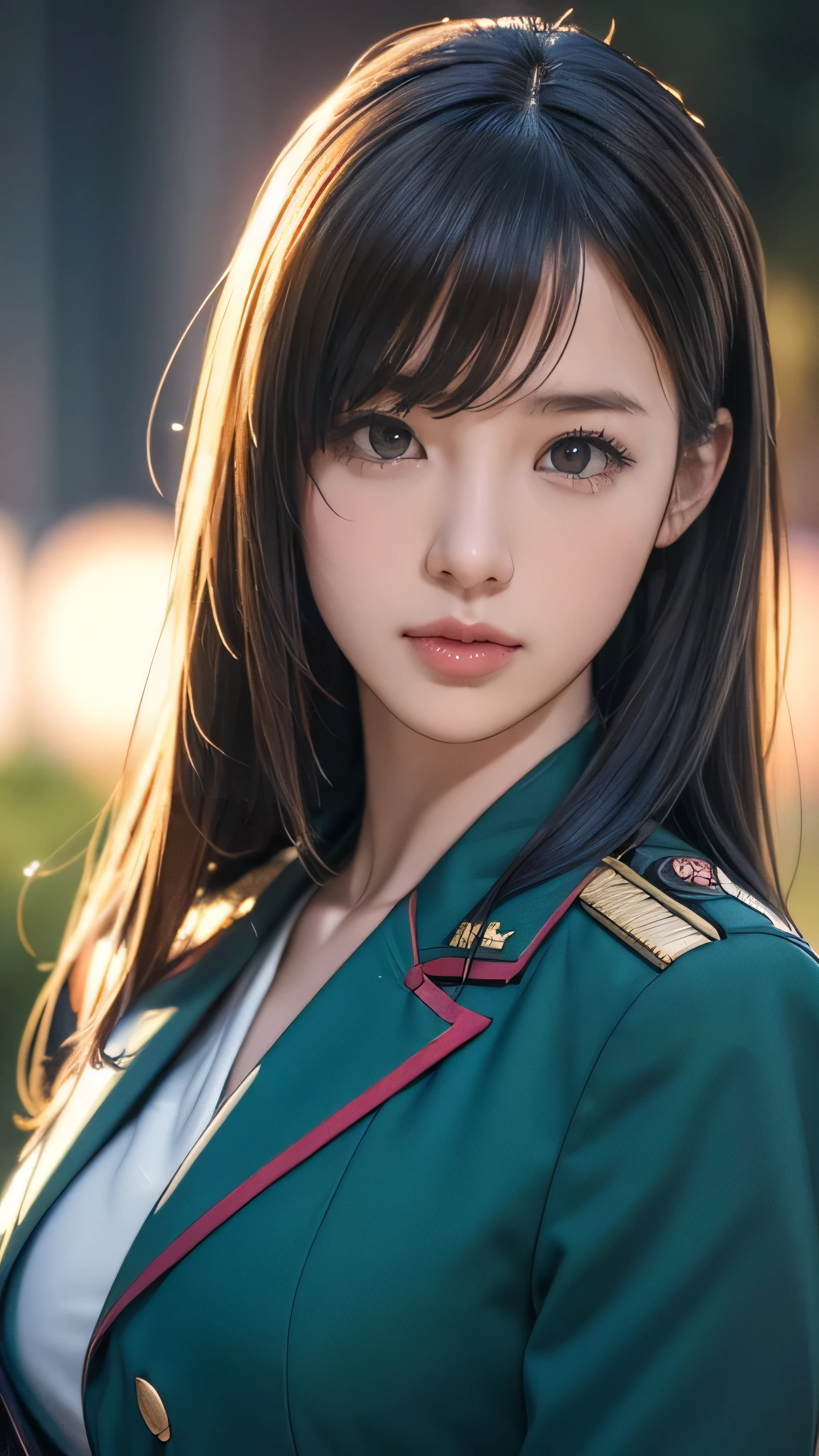 A beautiful anime girl wearing a military uniform, (best quality,4k,8k,highres,masterpiece:1.2),ultra-detailed,(realistic,photorealistic,photo-realistic:1.37),HDR,UHD,studio lighting,ultra-fine painting,sharp focus,physically-based rendering,extreme detail description,professional,vivid colors,bokeh, nice chest and body
